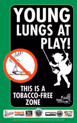 This poster shows a young girl on a swing and reads "Young Lungs at Play! This is a Tobacco-Free Zone" There is a stubbed cigarette in a "no" circle, and partner logos are displayed at the bottom of the poster.