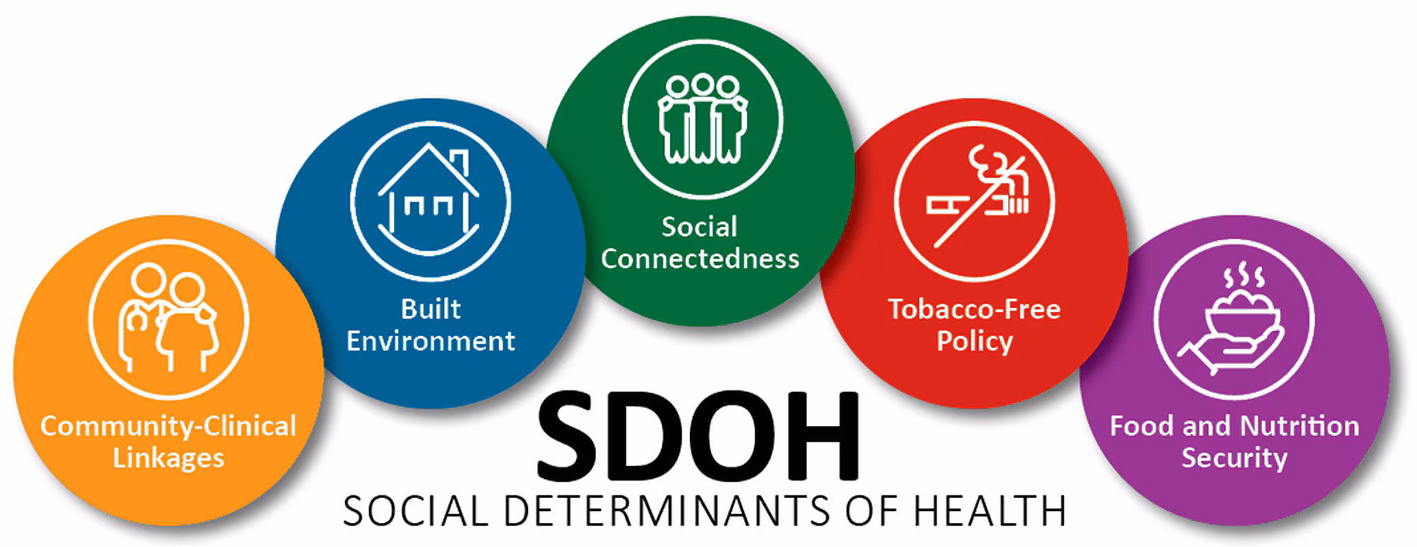Graphic of five overlapping circles representing the five social determinants of health: community-clinical linkages, built environment, social connectedness, tobacco-free policy, and food and nutrition security.