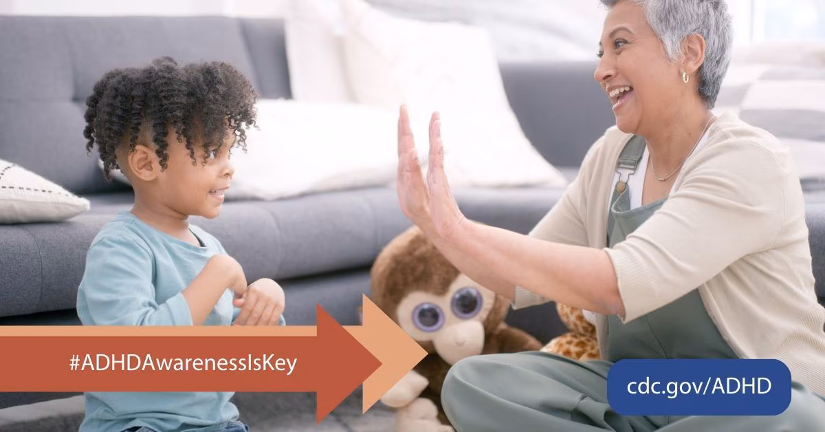 FacebookandTwitterADHD A young child and grandmother playing and enjoying each other's company at home. Visit cdc.gov/ADHD to learn more about #ADHDAwarenessIsKey.