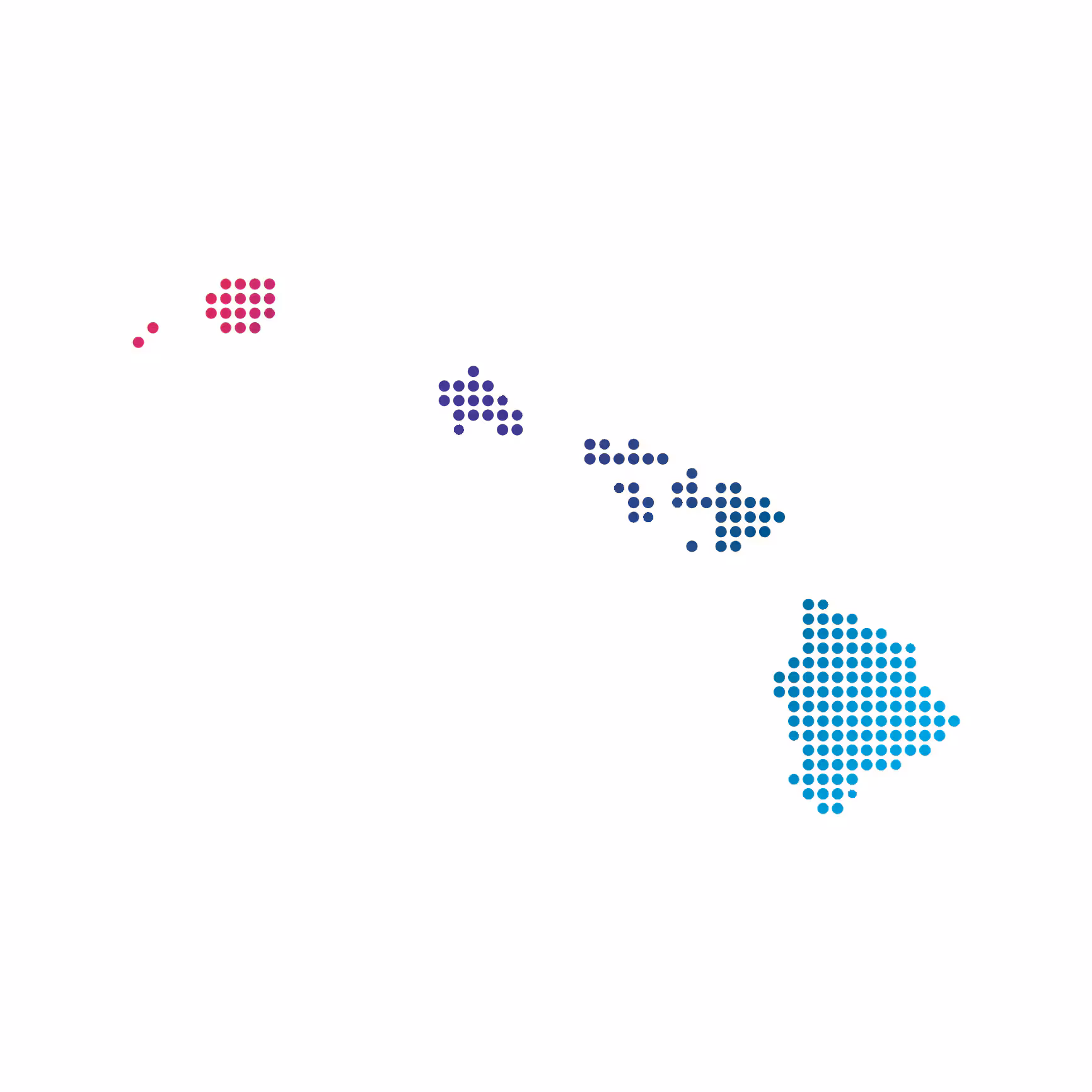 Hawaii map of blue dots on white background Decorative: Shape of Hawaii made of dots