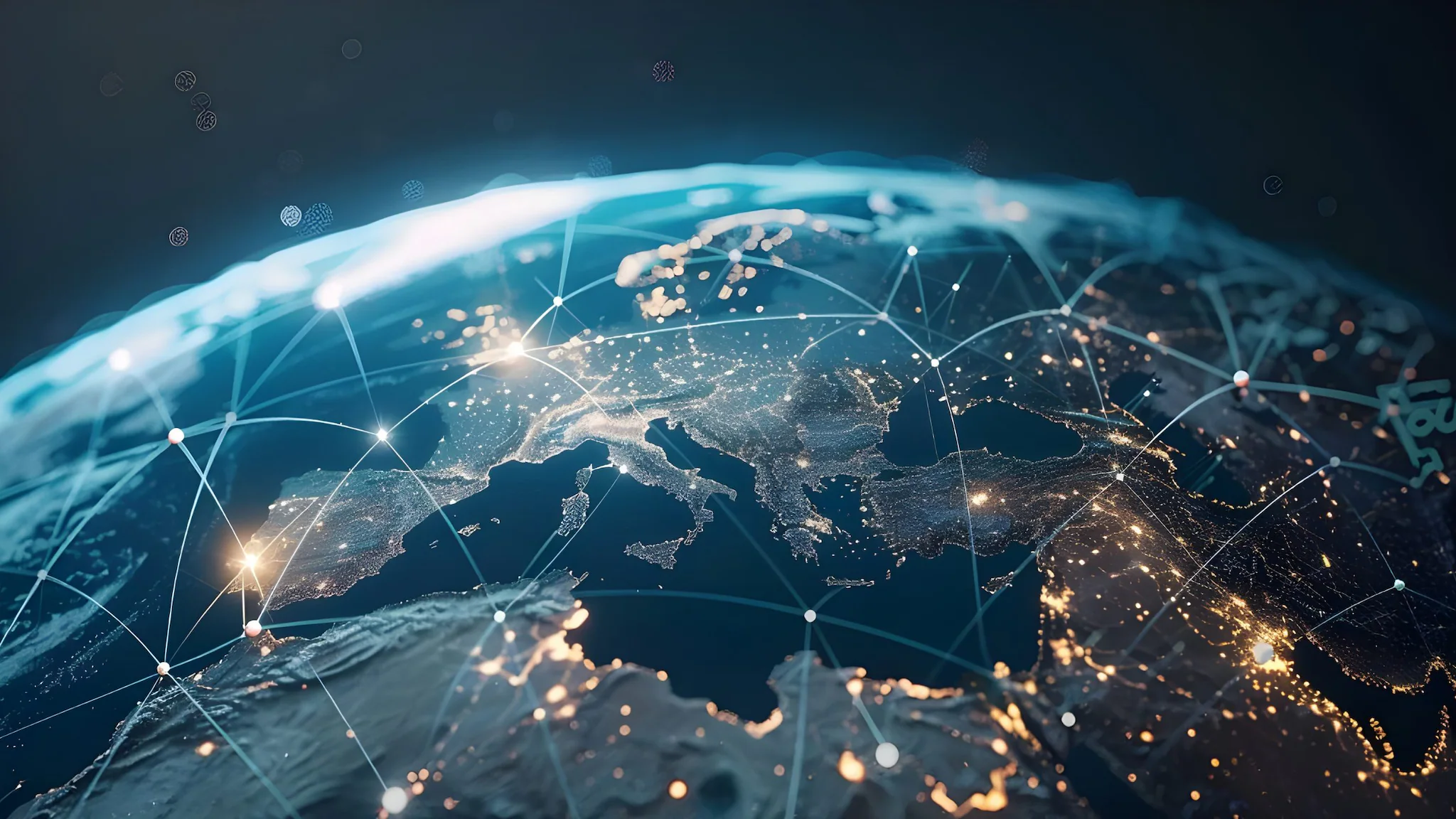 Global Connectivity Map of world with areas of light with lines connecting the areas of light.