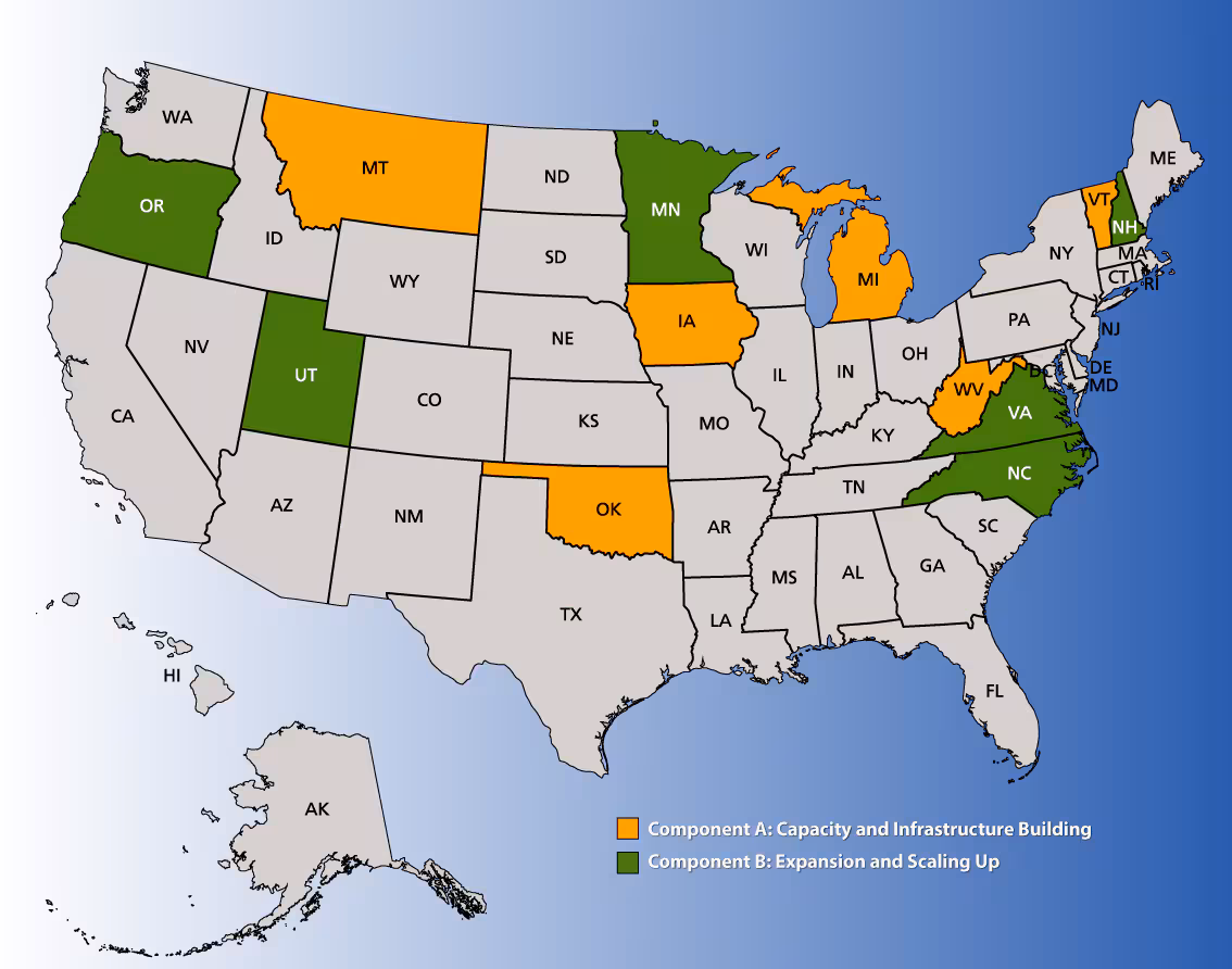 Map of states funded by CDC for arthritis work United States map highlighting the 12 states funded by CDC: Iowa, Michigan, Minnesota, Montana, New Hampshire, Oklahoma, Oregon, North Carolina, Utah, Vermont, Virginia, West Virginia