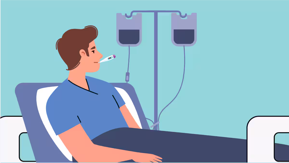 Man with thermometer in hospital bed Cartoon depiction of a man in a hospital bed holding a thermometer in his mouth.