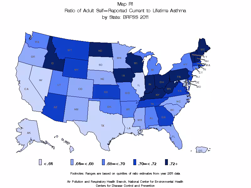 Map R1 (color) - Ratio of Adult Self-Reported Current to Lifetime Asthma by State: BRFSS 2011