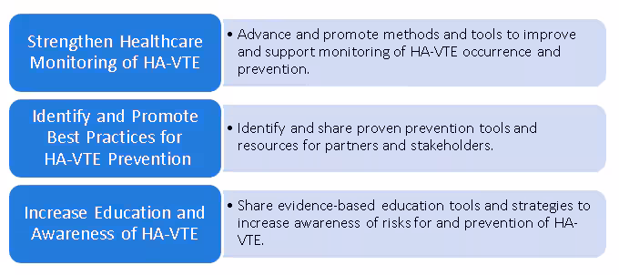 Monitoring trends in HA-VTE occurrence and prevention, identifying best prevention practices, communicating best practices.
