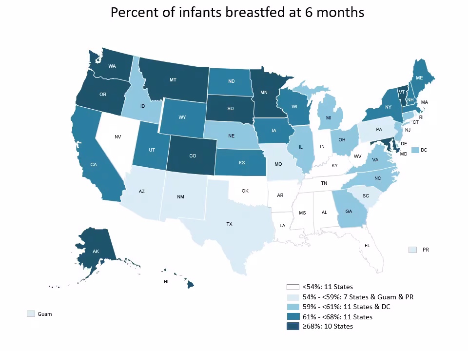 Percent of infants breastfed at 6 months A map of the U.S. with states in various shades of blues and white to indicate percentage of infants breastfed at 6 months