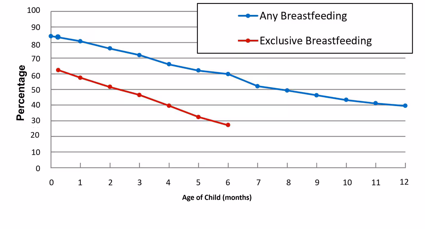 Data visualization of the rates of any exclusive breastfeeding by age among children in 2021.