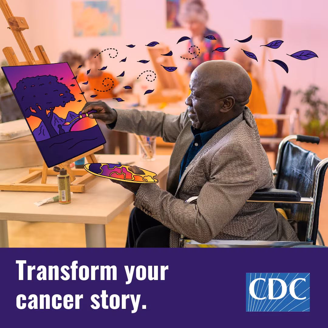 Transform 1080 An older man paints at an easel. The text below reads Transform your cancer story.