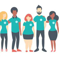 Group of Volunteers wearing same color t-shirts Diverse group of cartoon illustrated people dressed in teal shirts, linking arms
