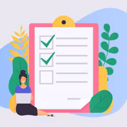 cartoon-illustration-checklist-250 Cartoon illustrated woman sitting with her laptop next to a colorful, oversized checklist.