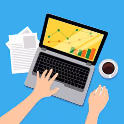 Laptop working with mouse computer Hands typing on a cartoon drawn laptop with graphs showing on the screen.