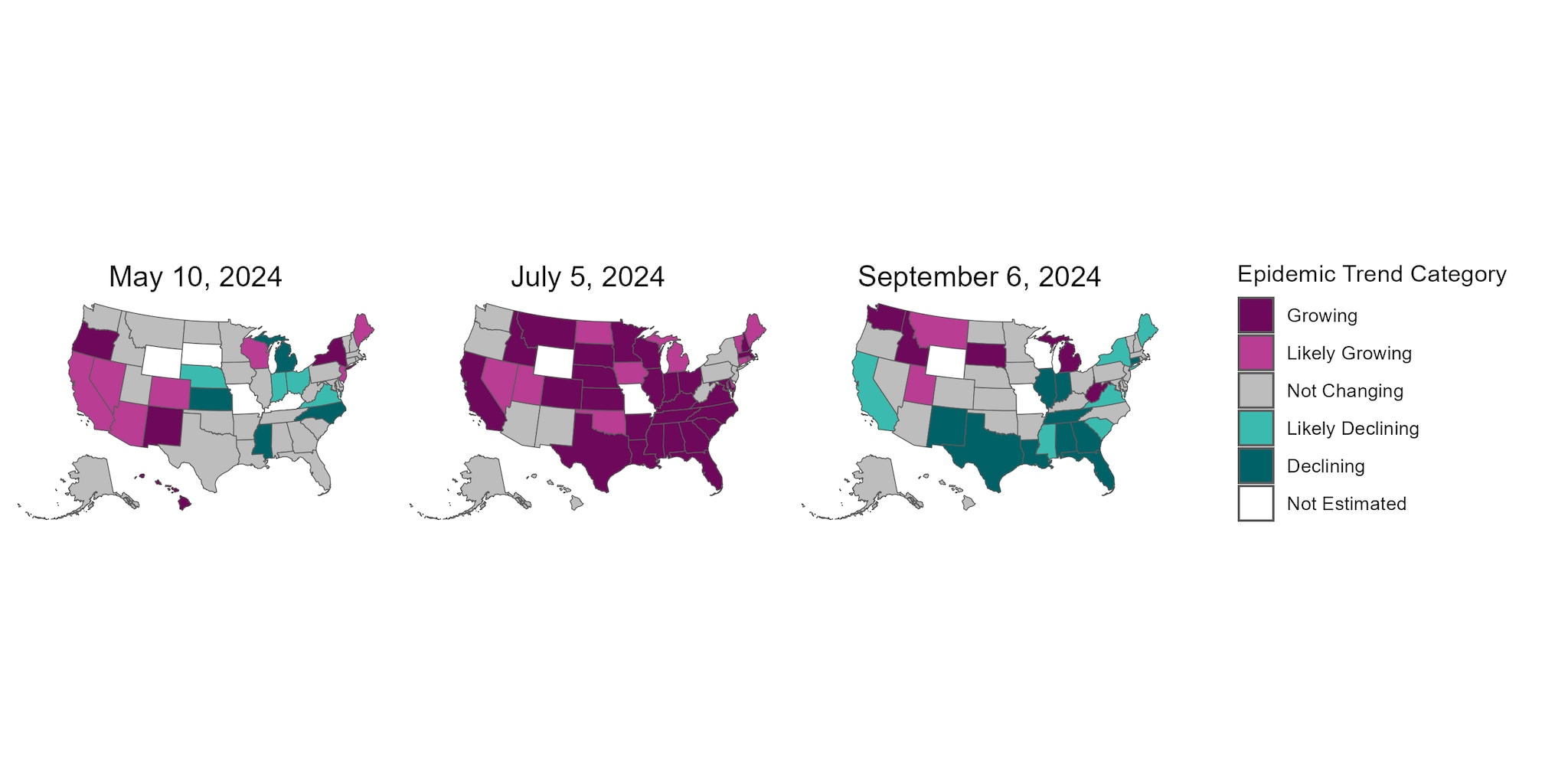 rt-mmwr-new-mexico-fig-1 Three U.S. maps from May, July, and September showing trends of COVID-19 cases using epidemic trend categories