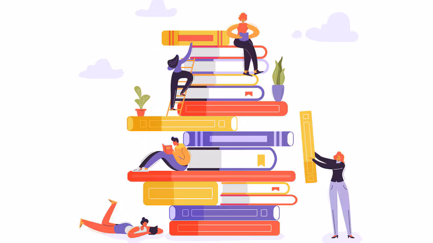 An oversized stack of books with students climbing, sitting and standing on the books.