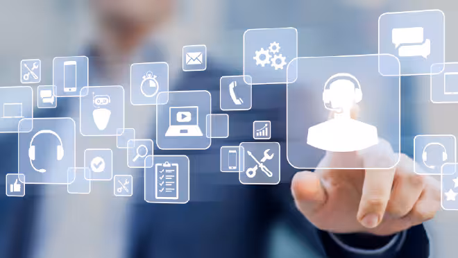 Interactive Digital Resources Technical support concept, business person touching icon on screen