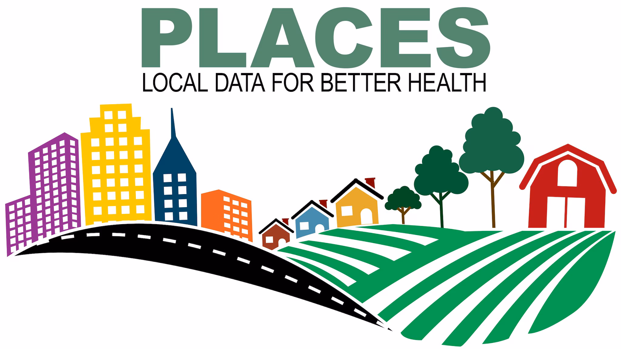 PLACES logo: Illustration of city, morphing to suburbs, to rural. Slogan of Local Data for Better Health