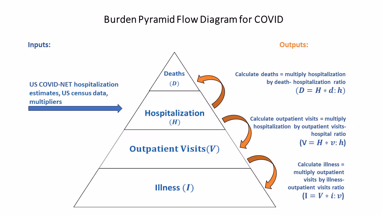 COVID-19 Burden Pyramid Flow Diagram Starting on the left, there is an arrow that leads to a pyramid. The left-most arrow is labeled "US COVID-NET hospitalization estimates, US Census data, multipliers ". The arrow, labelled "US COVID-NET hospitalization estimates, US Census data, multipliers", is leading right to the upper middle of the pyramid, which is labeled "Hospitalization (H)". In the pyramid, the base is labeled "Illness (I)", the lower middle section is labeled "Outpatient Visits (V)", and the top is labeled "Deaths (D)". On the right-side of the pyramid are arrows coming from the top middle section titled “Hospitalization (H)”, with one leading up to the top section, labeled "Deaths (D)", and another arrow leading down to the lower middle section, labeled "Outpatient Visits (V)". An additional arrow comes from the lower middle section, labeled "Outpatient Visits (V)” and leads down to the base is labeled "Illness (I)".