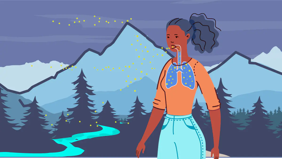 Breathing in fungus illustration Person standing in nature breathing in fungal spores.