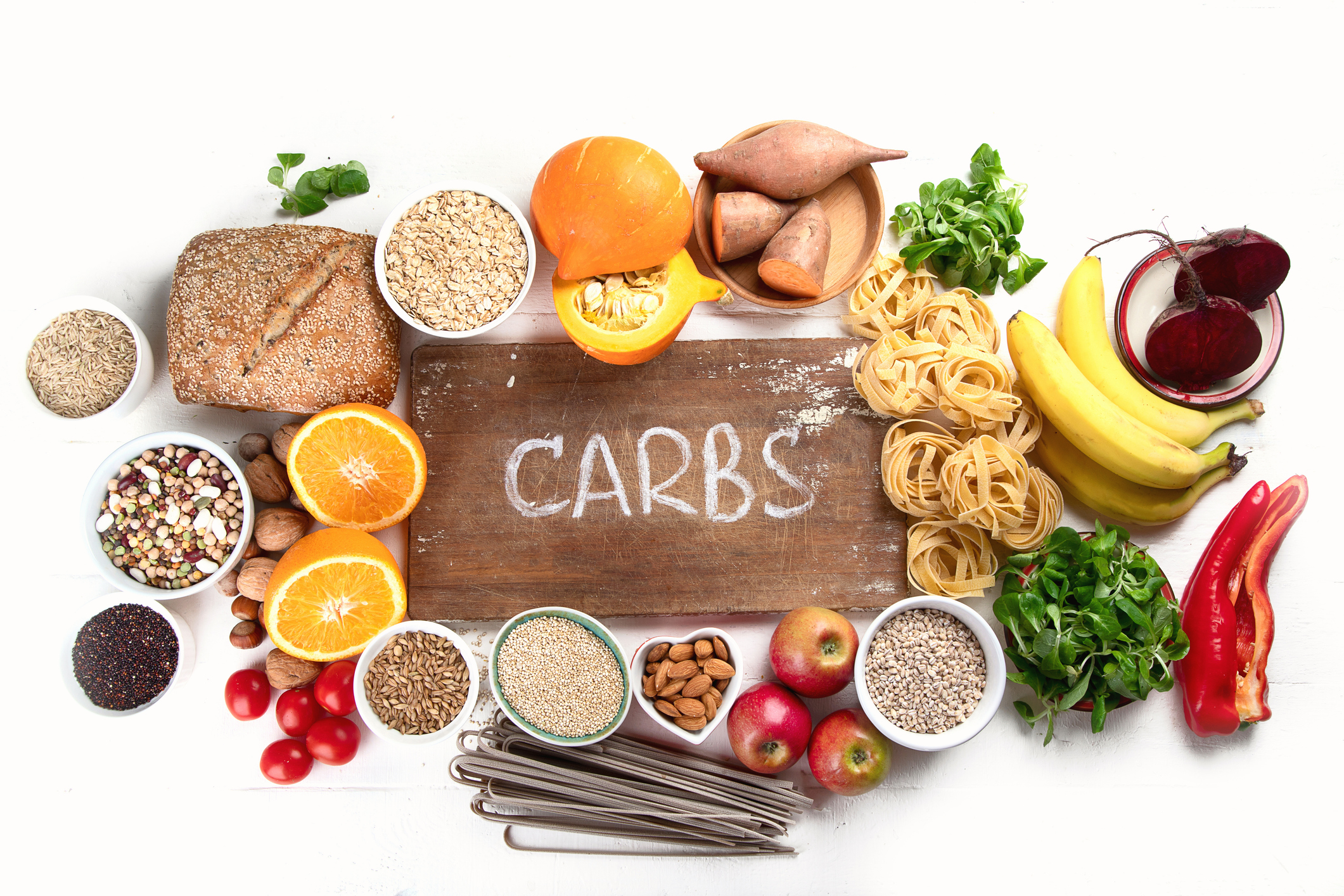 Diabetes and Carbs Wooden sign with the word "carbs" surrounded by various carbs discussed in the article