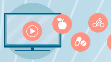 Illustration of a computer or TV screen with apple, medicine, and bike rider icons in circles