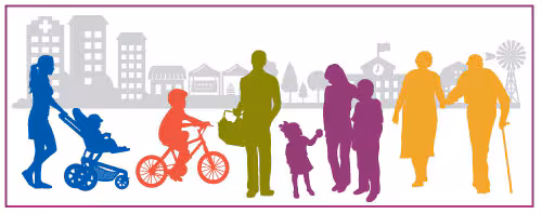 Illustrations with colorful silhouettes of people in front of a horizon that includes urban and rural drawings.