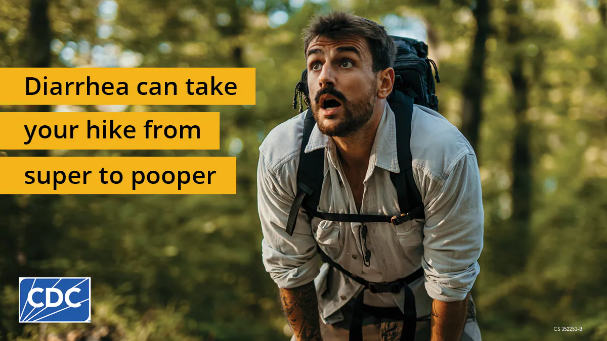 Diarrhea-while-hiking-graphic-1200x675 Hiker looking surprised. Text overlay says, “Diarrhea can take your hike from super to pooper”