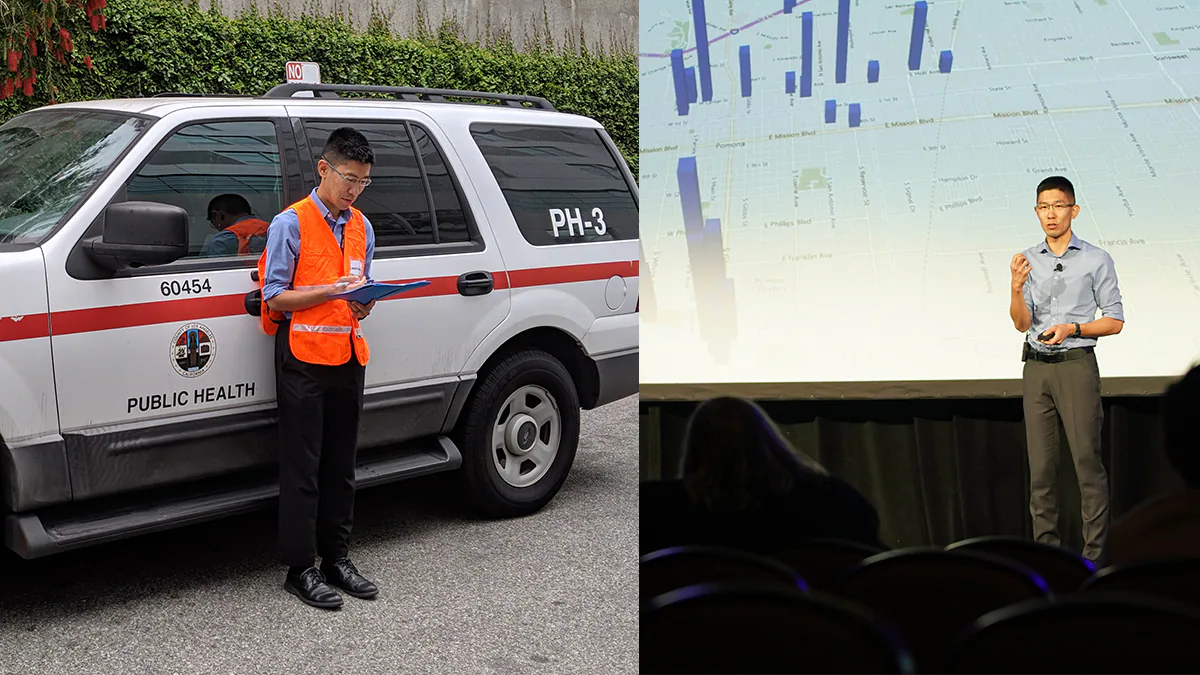 eis-promo-fb-2020-1200px EIS officer works in the field and presents on stage at EIS conference.