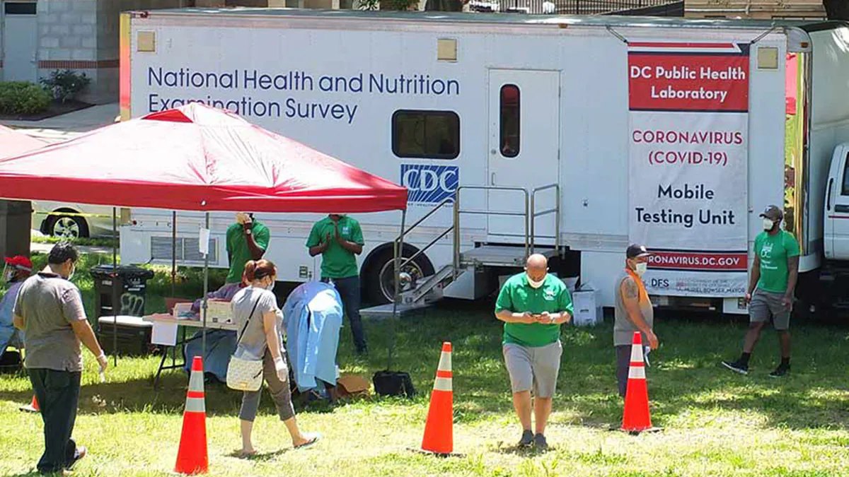 nhayes-ogden 4 people walk around a trailer with "National Health and Nutrition Examination Survey" written on it. A sign on the trailer says "COVID Mobile Testing Unit"