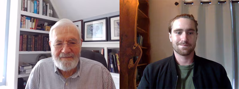 William Foege (left) being interviewed by Max Morrell-Foege (right).