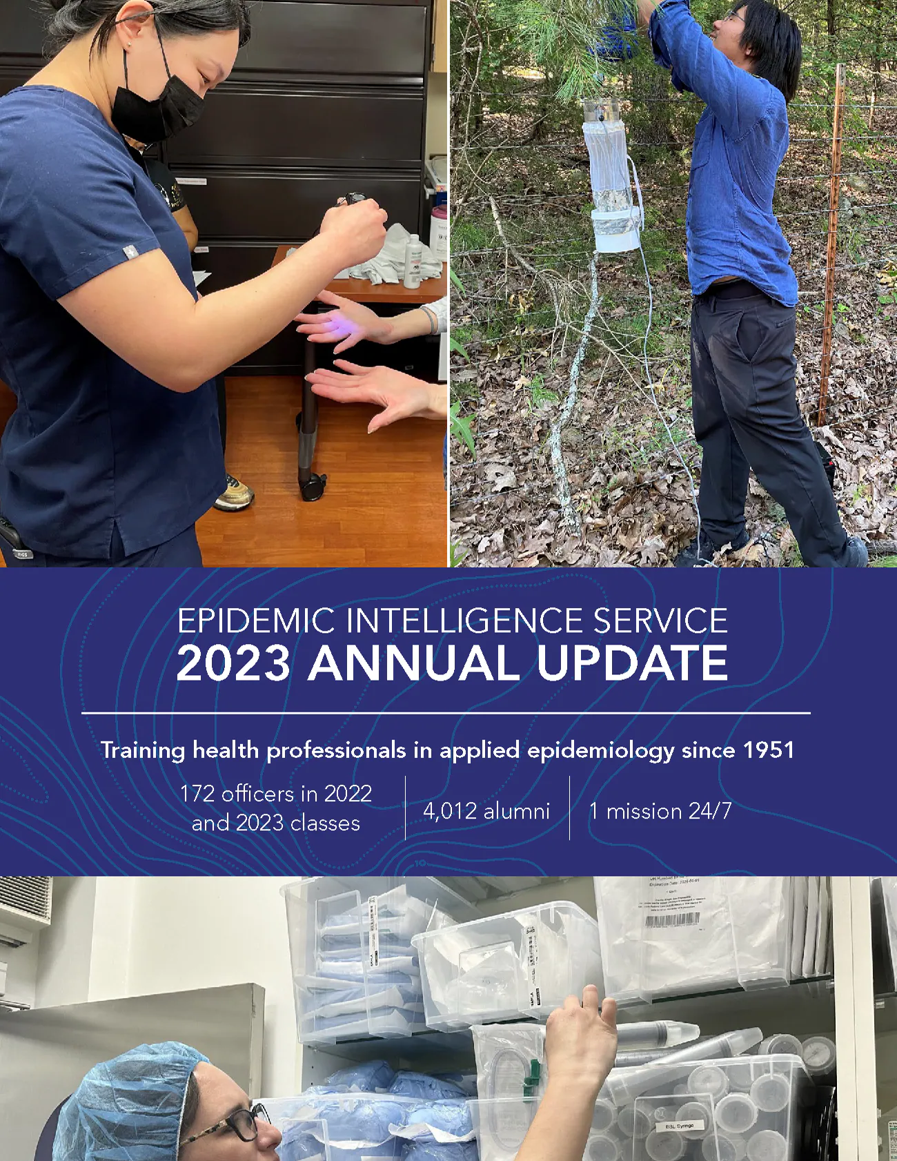 EIS Annual Update 2023 Photo collage of EIS officers at work with banner text "Epidemic Intelligence Service 2023 Annual Update"
