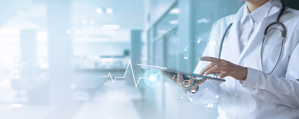 How does ELR Work? Doctor using tablet with icon medical network on hospital background.