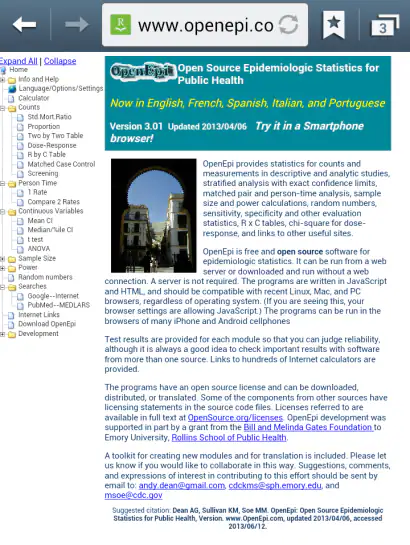 F653OpenEpiCom Screen shot of the OpenEpi website with open source Epi Stats.