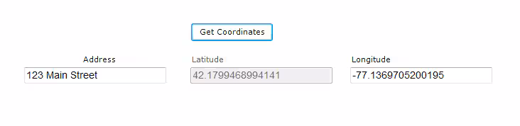 Form showing Get Coordinates button and fields showing the resulting geocode data
