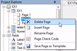 In the Project Explorer, right click the page you want to delete. Select Delete Page.
