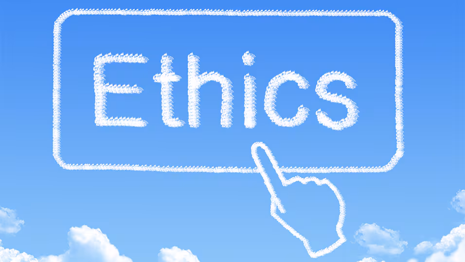 graphic with a hand pointing towards the word ethics