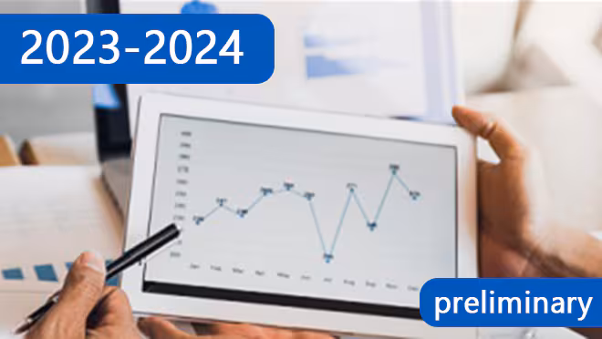 A picture of a tablet with a line graph on it. The image is overlaid with "2023-2024" and "preliminary."