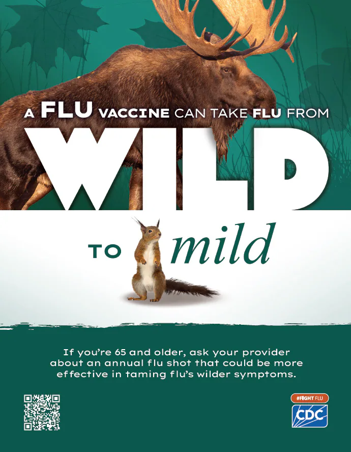 Adults 65+ Moose pdf img A flu vaccine can take flu from wild to mild. If you’re 65 and older, ask your provider about an annual flu shot that could most effective in taming flu’s wilder symptoms. #fightflu cdc logo