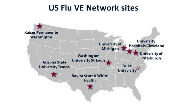 A map of the United States with red stars marking different locations. A map of the United States with red stars marking different locations. The title of the image is "US Flu VE Network sites".