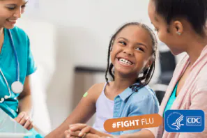 child fight flu child with health care professional and parent smiling with text: #figtflu and cdc logo