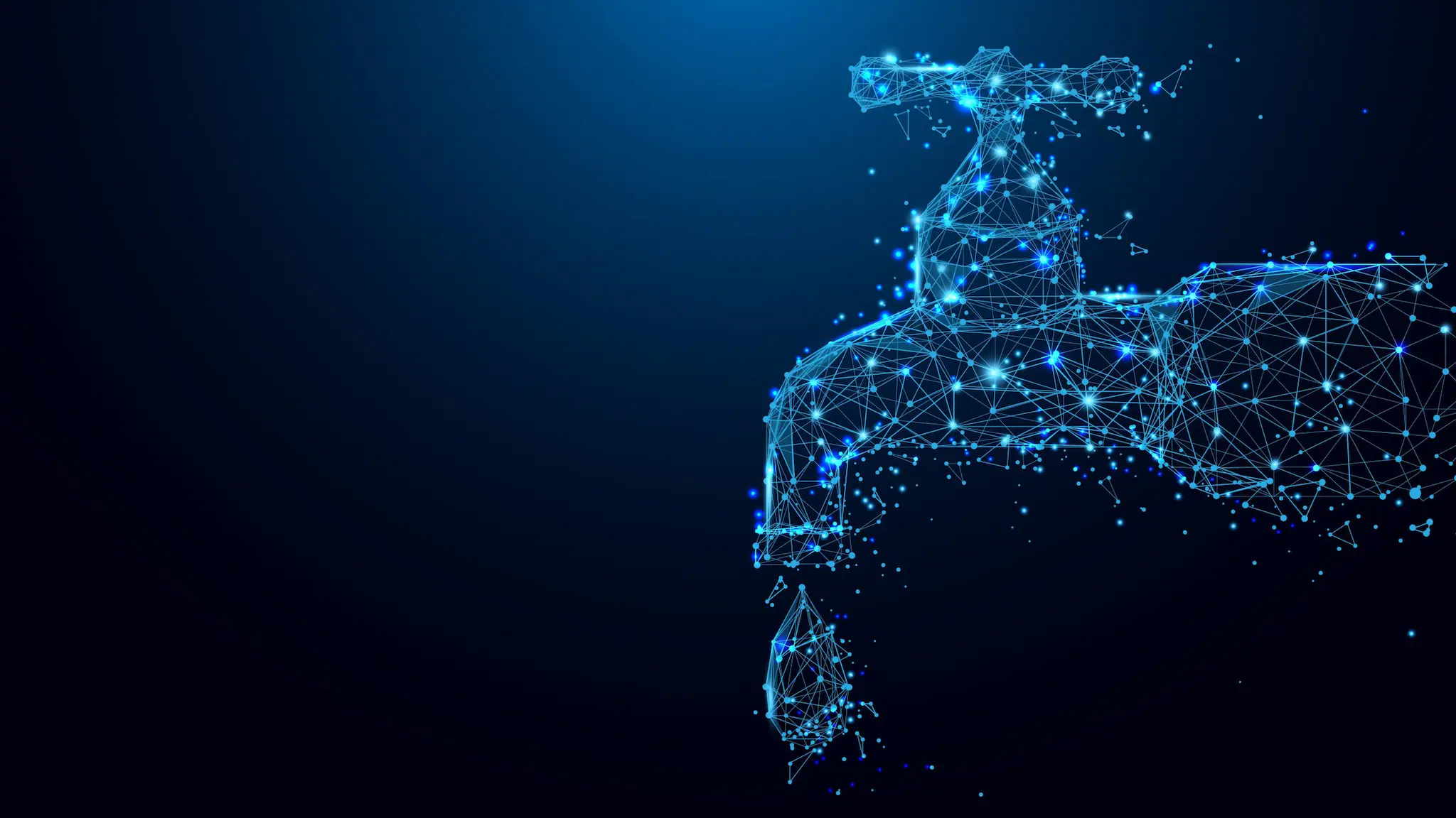 Water Fluoridation Data and Statistics A faucet made up of blue dots and lines with a dark blue background