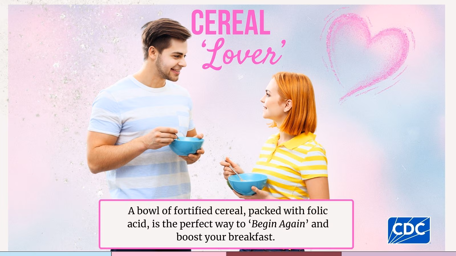 Album cover for folic acid with a young couple looking at each other as they eat a bowl of cereal with the title "Cereal Lover".