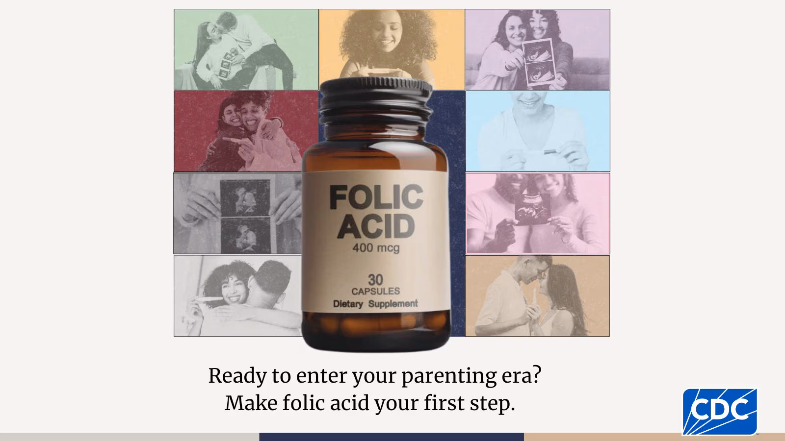 Folic acid vitamin bottle with 400 mcg seen on the label in front of various pregnancy announcement pictures.