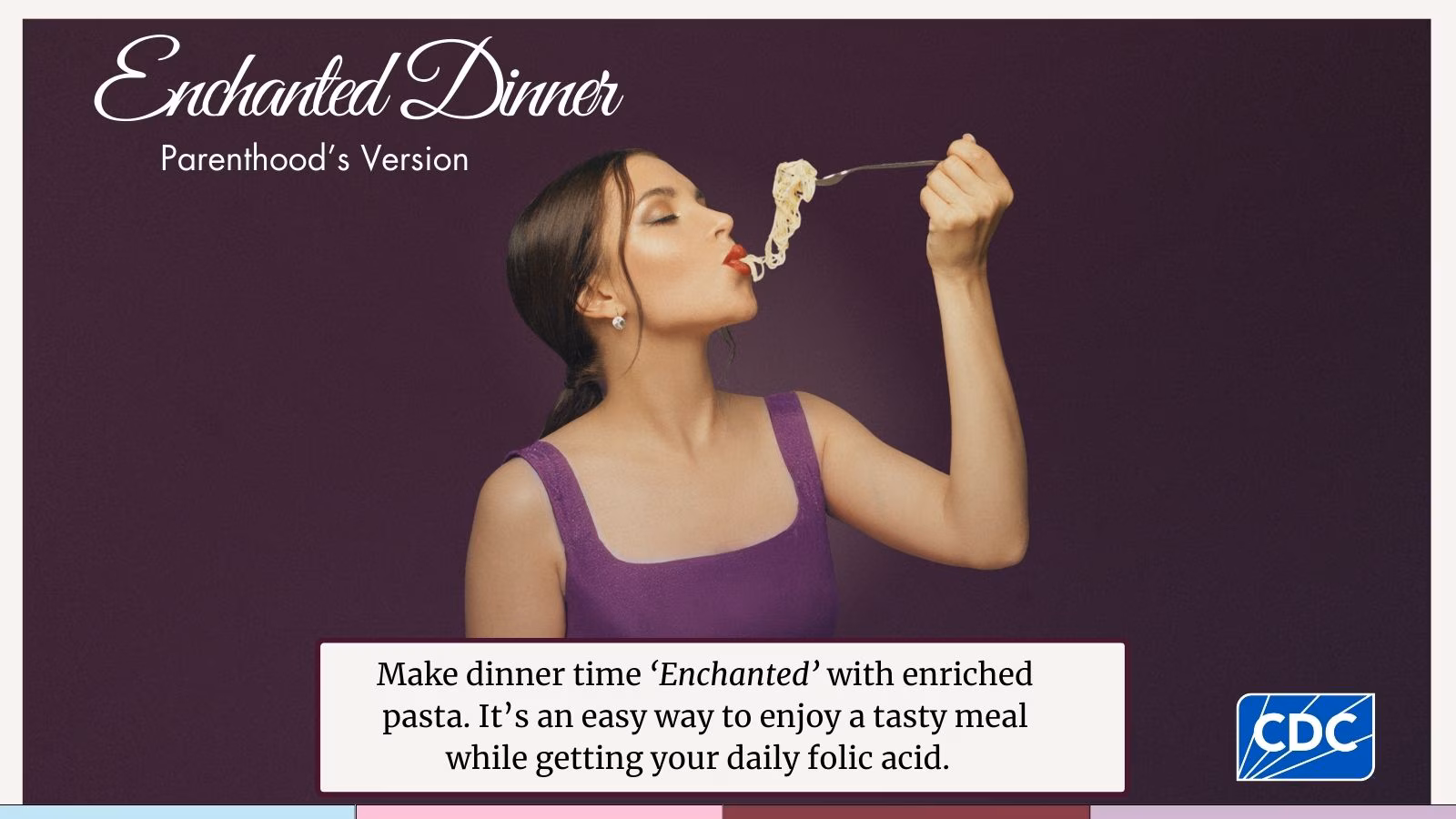 Young adult looking away from the camera as they enjoy a fork full of pasta.