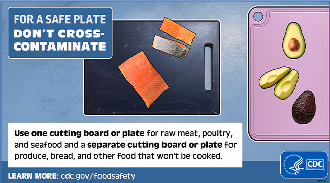 For a safe plate don't cross-contaminate. Use one cutting board or plate for raw meat, poultry and seafood and separate cutting board or plate for produce, bread, and other food that won't be cooked.