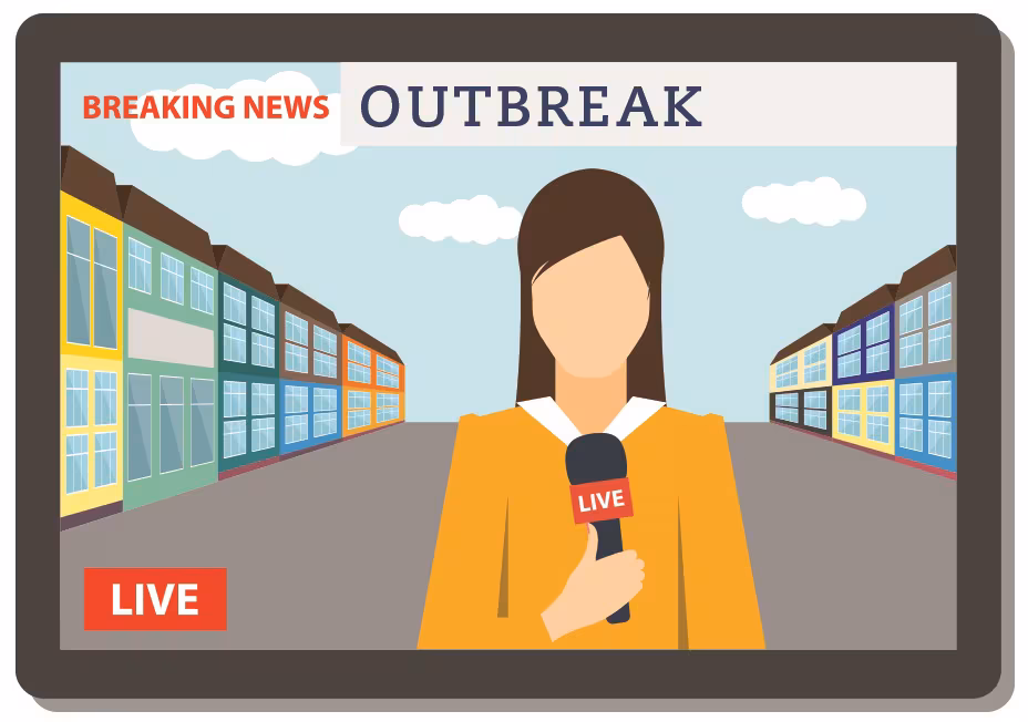 Illustration of a reporter on a street with the words Breaking News Live Outbreak