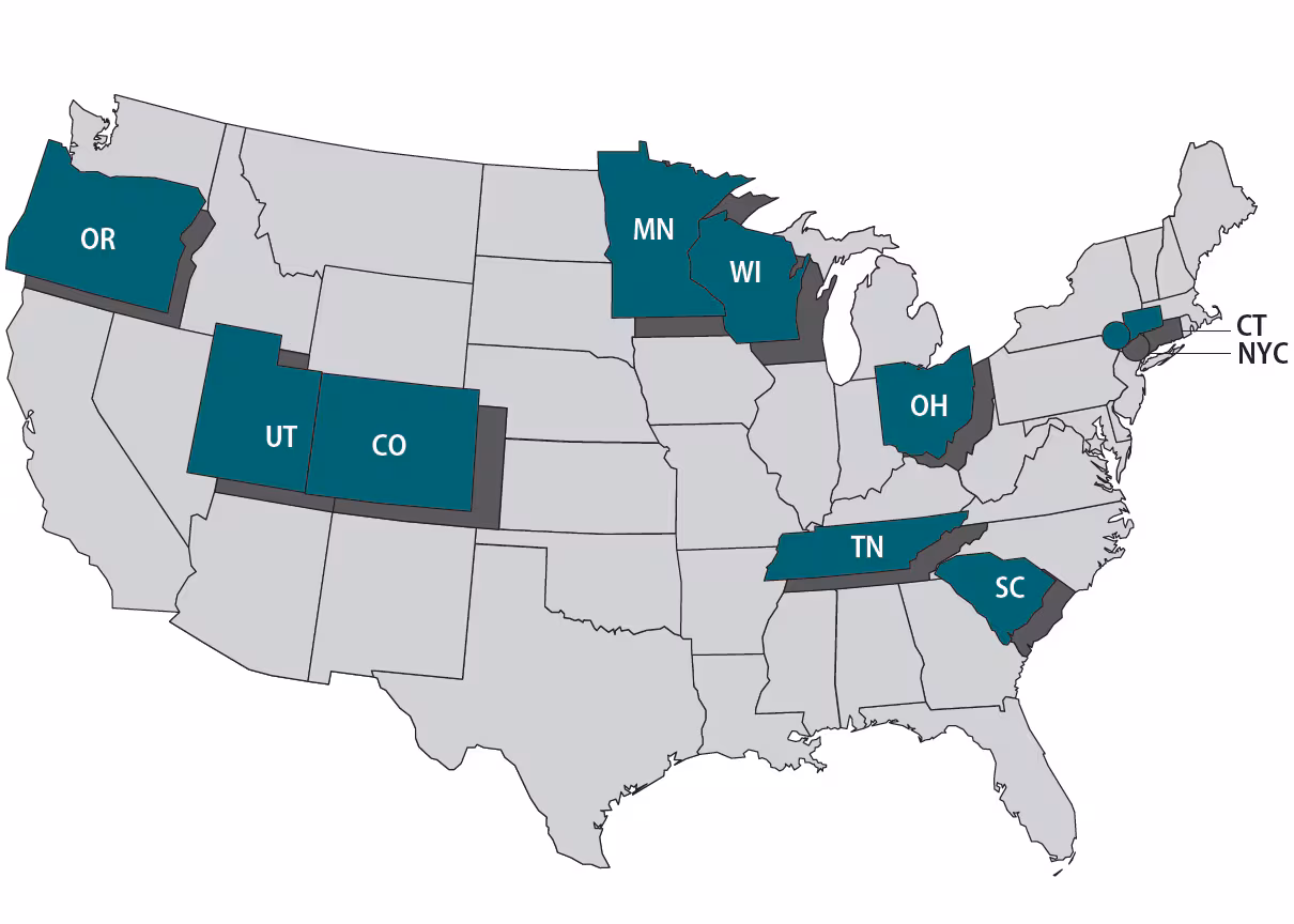 Map showing the FoodCORE year seven centers including Colorado, Connecticut, Minnesota, New York City, Ohio, Oregon, South Carolina, Tennessee, Utah, and Wisconsin