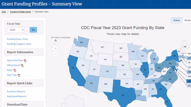 CDC Fiscal Year 2023 Grant Funding By State - Summary Map of the United States that contains info on grant funding for each state.