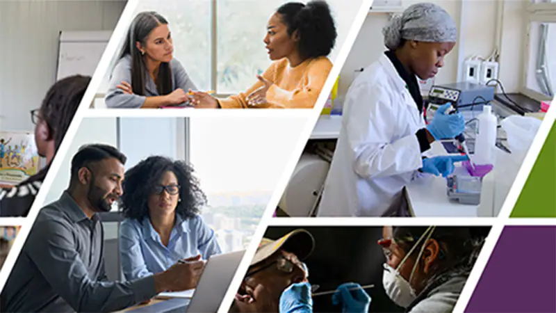 ghe guiding principles banner Collage of images. It includes a woman in a laboratory, a woman and a man in front of a computer, two women talking and a healthcare worker taking a nose swab from a patient.