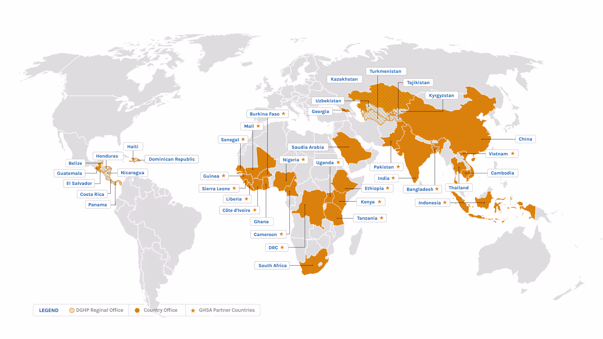 Where We Work-silver map map with countries where DGHP works filled in in brown