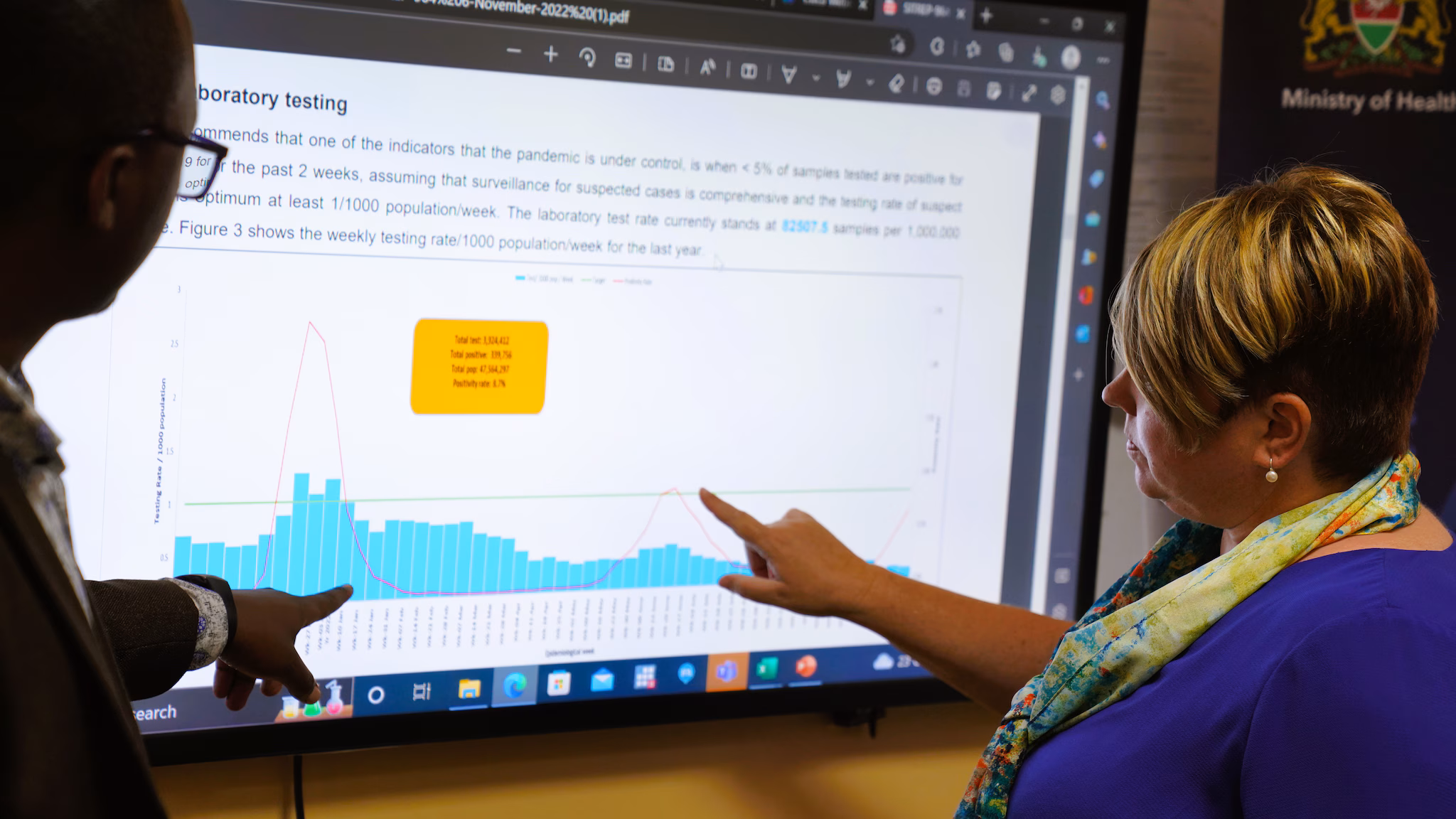 Two people looking at a computer screen looking at lab data.