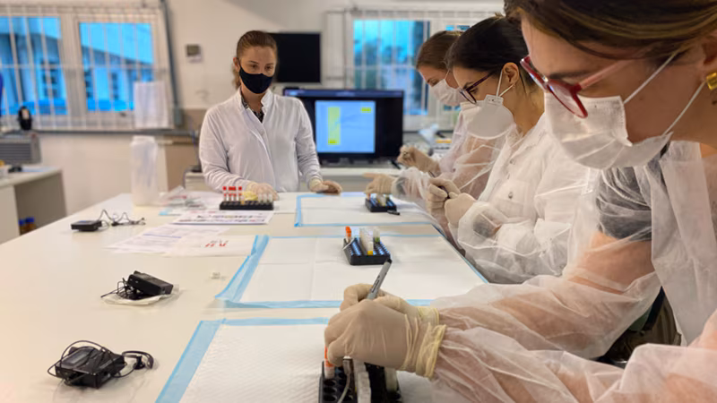 Lab technicians in masks and gloves analyze samples at a lab bench.